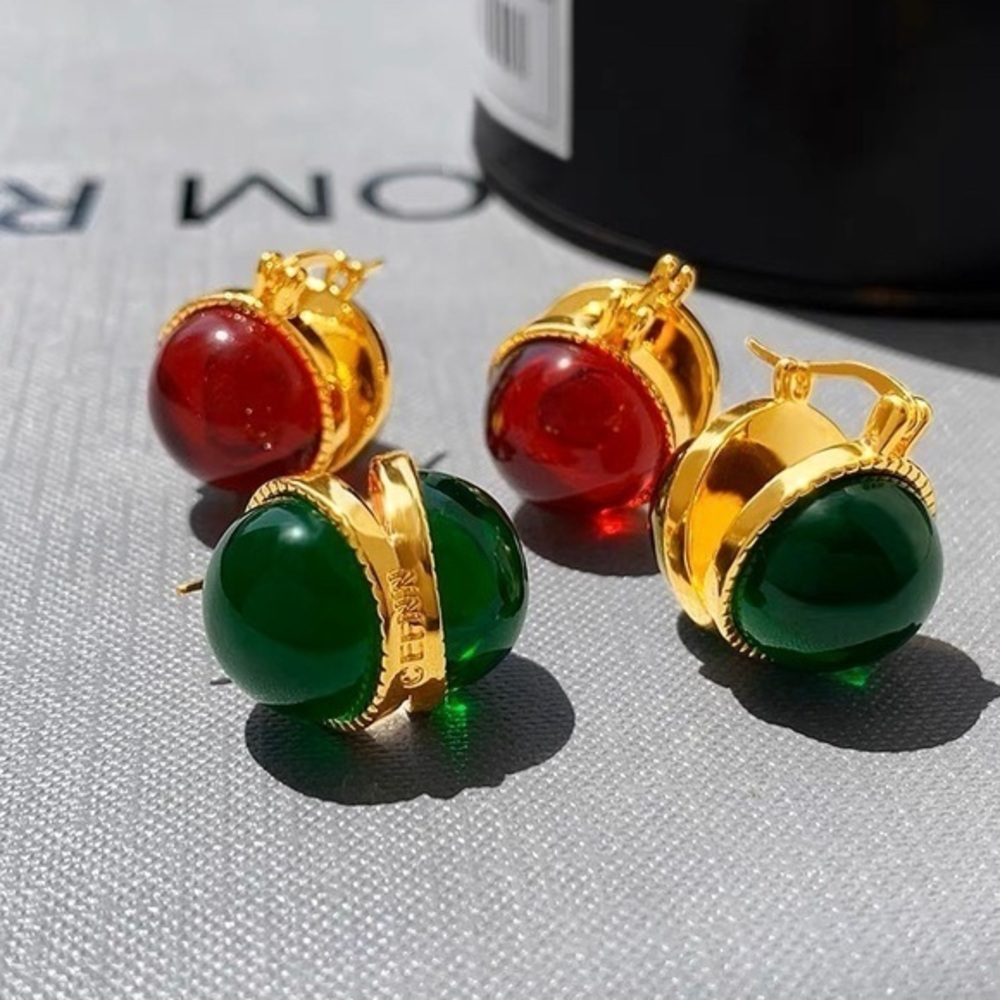 18K GP Green/ red agate hoop earrings